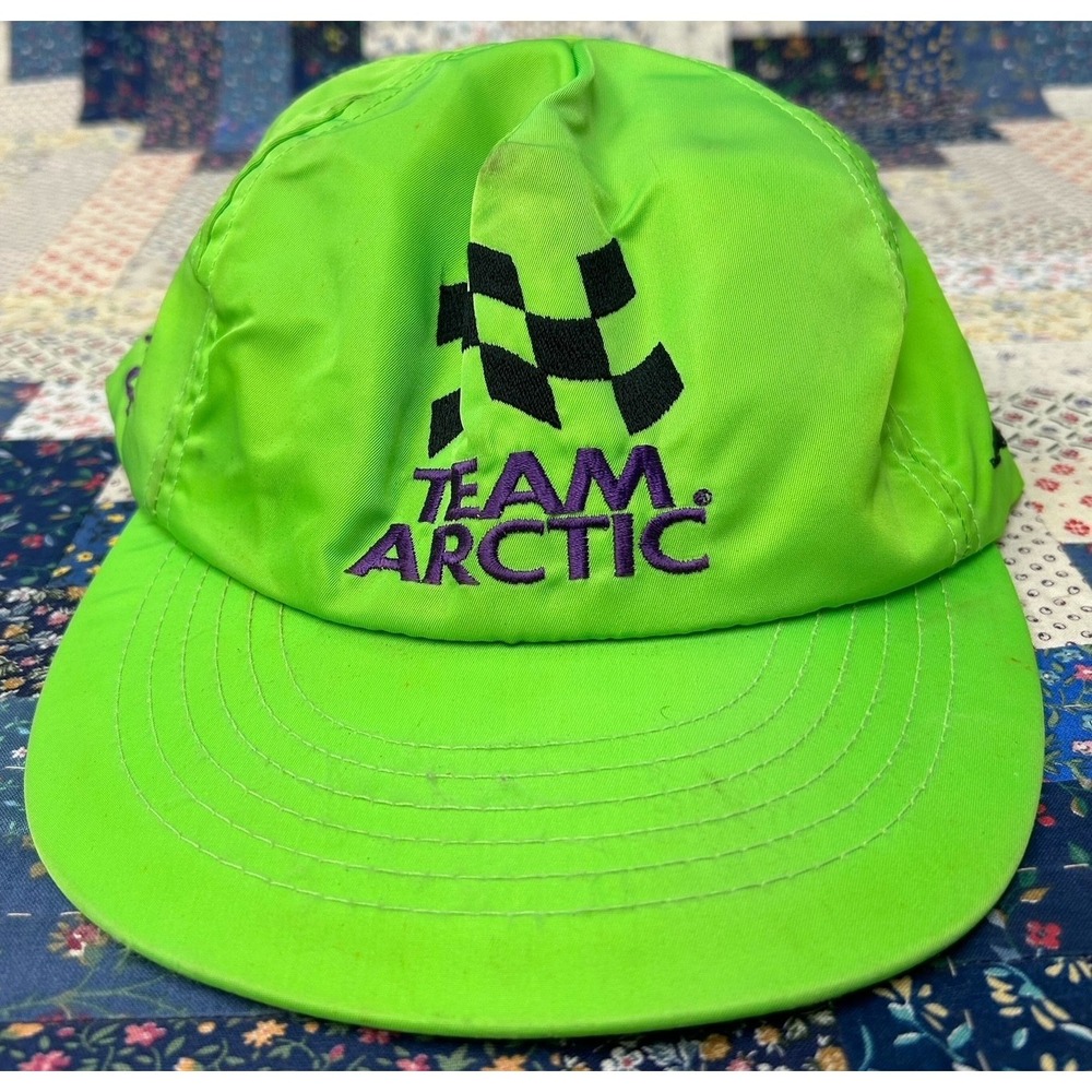 Vintage Team Arctic Cat Snowmobile Checkered Flag Hat Neon Green Nylon USA Made